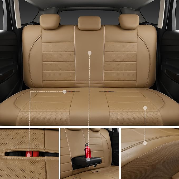 Piping Leather Seat Cover,Universal FIT with Composite Sponge Inside,Airbag Compatible and Reserved Opening Holes,Inside zipper for Cars,Sedan,SUV,Truck(Full Set,Beige with Tan Piping-Stripe)