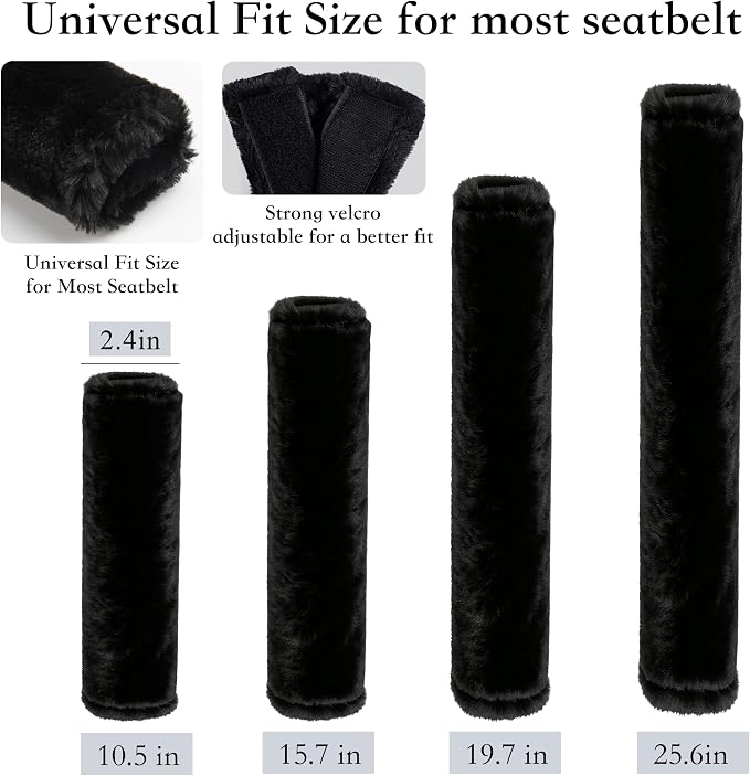Soft Faux Fur Universal Fit Seatbelt Cover Car Truck SUV Airplane Seat Belt Shoulder Pad for Carmera Backpack Straps Neck Cushion Protector Extra Long 19.7in Black