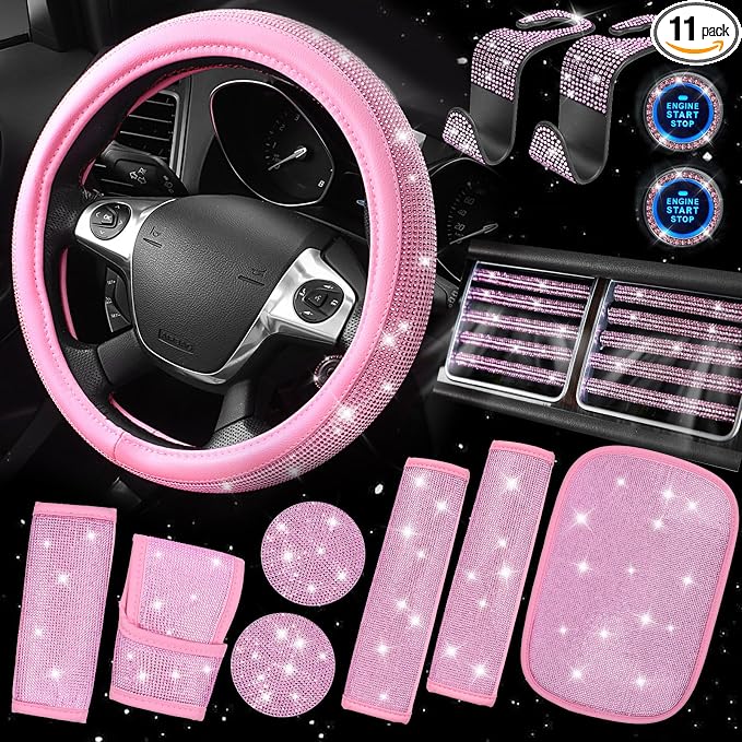 Bling Pink Car Accessories Set for Women, Sparkly Rhinestone Diamond Steering Wheel Cover Seat Belt Cushion Glitter Shift Knob Cover Car Cup Holder Coaster Cute Interior Sets, Pink 22 PCS