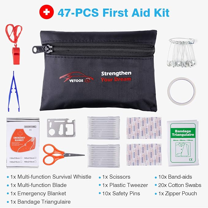 Car Roadside Emergency Kit with Jumper Cables, Auto Vehicle Safety Road Side Assistance Kits, Winter Car Kit Essentials for Women and Men, with Portable Air Compressor, Folding Survival Shovel