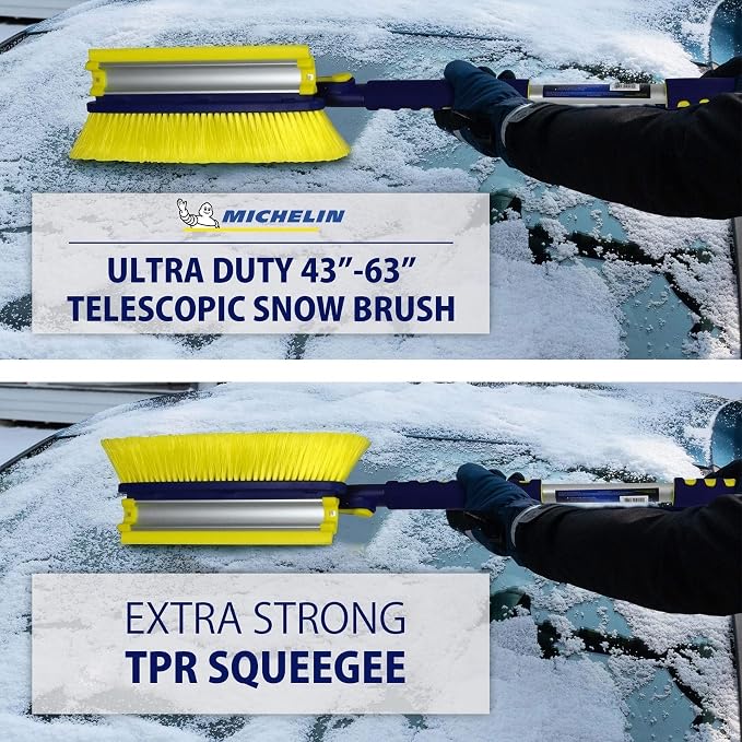 Michelin Snow Brush for Car Windshield (Pack of 2) - Snow and Ice Scraper with 43–63" Extendable Handle, 13" Swivel Head with Squeegee, 5" Heavy Duty Ice Scraper for SUV, Truck, Van, Auto Cleaning