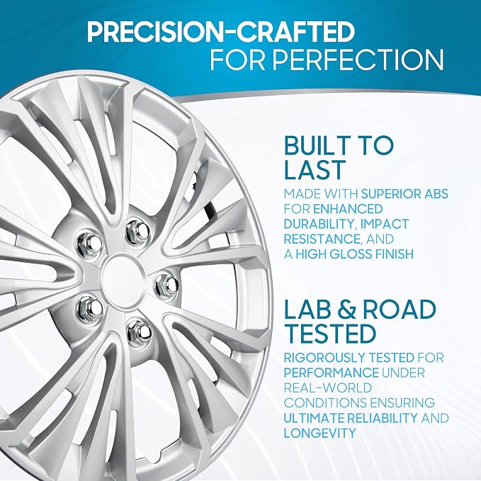 16 Inch Hubcaps Set of 4 – OEM Replacement Snap-On Wheel Rim Covers - Universal Fit Car Wheel Cover for Cars, Trucks, SUV, Vans Durable ABS 5-Spoke Silver Hub-Cap Car Accessories Exterior