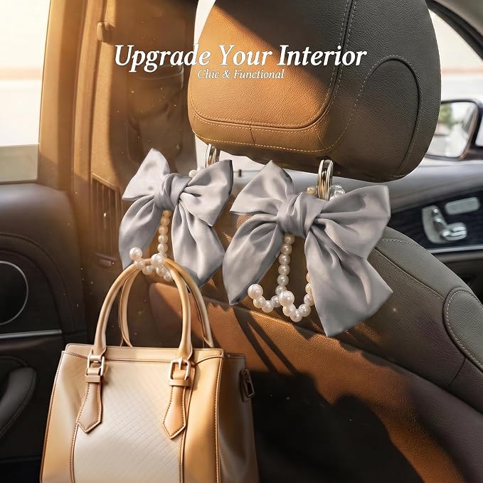 2PCS Satin Bow Pearl Car Seat Headrest Hooks – Car Bag Holder & Vehicle Hanger for Purses – Cute Coquette Aesthetic Interior Decoration – Cute Auto Organizer Accessories Universal (Moonlight Grey)