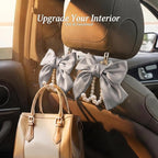 2PCS Satin Bow Pearl Car Seat Headrest Hooks – Car Bag Holder & Vehicle Hanger for Purses – Cute Coquette Aesthetic Interior Decoration – Cute Auto Organizer Accessories Universal (Moonlight Grey)