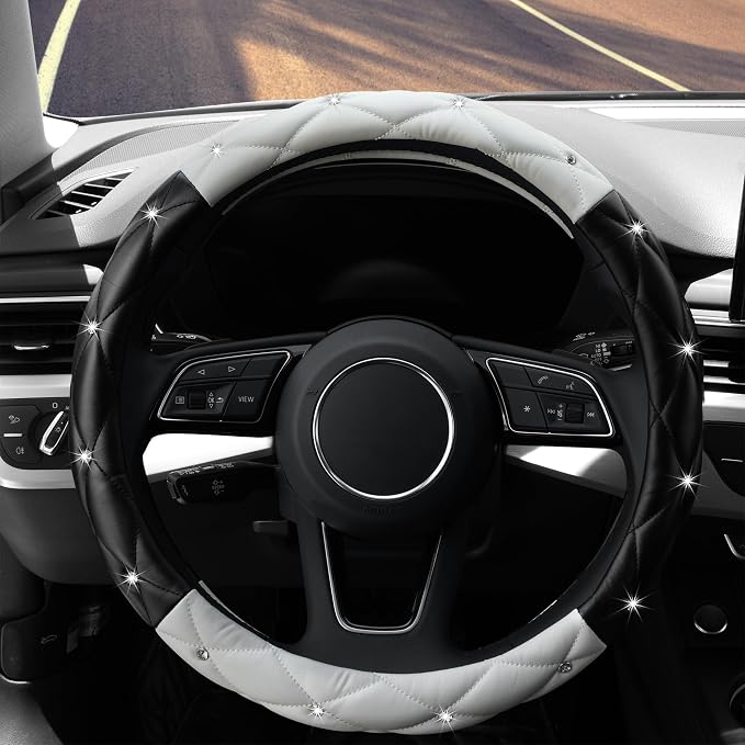 Cute Diamond Soft Leather Anti-Slip Steering Wheel Cover with Bling Bling Crystal Rhinestones, Universal 15 Inch for Women Girls, Fit Vehicles, Sedans, SUVs, Vans, Trucks - Black and White