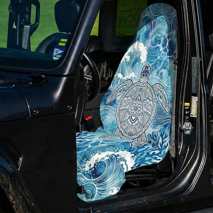 2 Pack Car Seat Towel Covers, Sweat-Proof Microfiber Seat Protectors for Gym, Running, Beach & Workout, Breathable Quick-Dry, Machine Washable, Ink-Colored Sea Turtle Print, Universal Fit