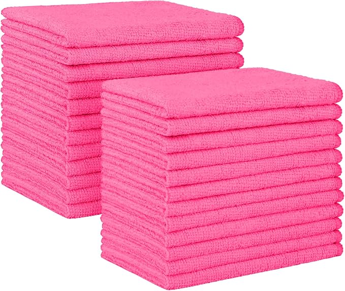 Pink Microfiber Cleaning Cloth, 24 Pack Absorbent Cleaning Rags, Lint-Free, Streak-Free Cleaning Towels for Car Kitchen House, 12"X11"