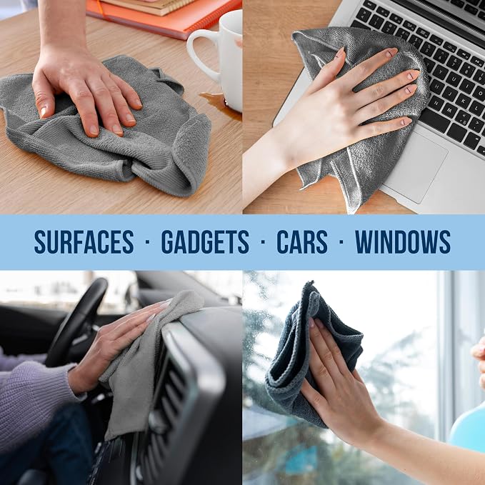 Microfiber Cleaning Cloth 11.5" x 11.5" 12 Pack - Edgeless Microfiber Towels for Cars, Cleaning Rags, Lint Free Car Microfiber Towel, Reusable Cleaning Cloths for House, Garage (Grey)