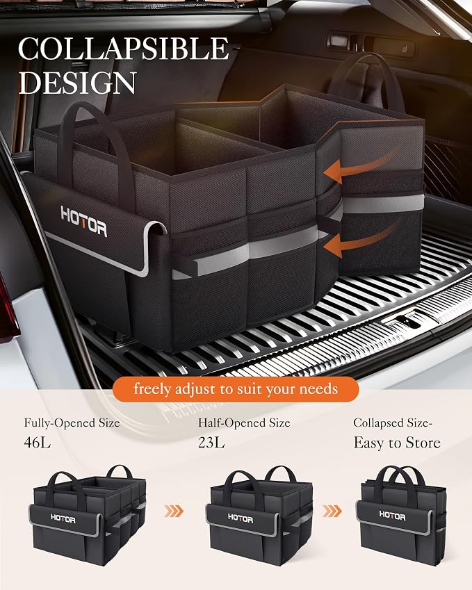 Trunk Organizer - Car Organizer with 5 Pockets, Trunk organizer for SUV, Sedan & Van, Car Organization with Sturdy Base Panel for Car Accessories, Black, 2 Compartments, 21.3"×12.6"×10.6"