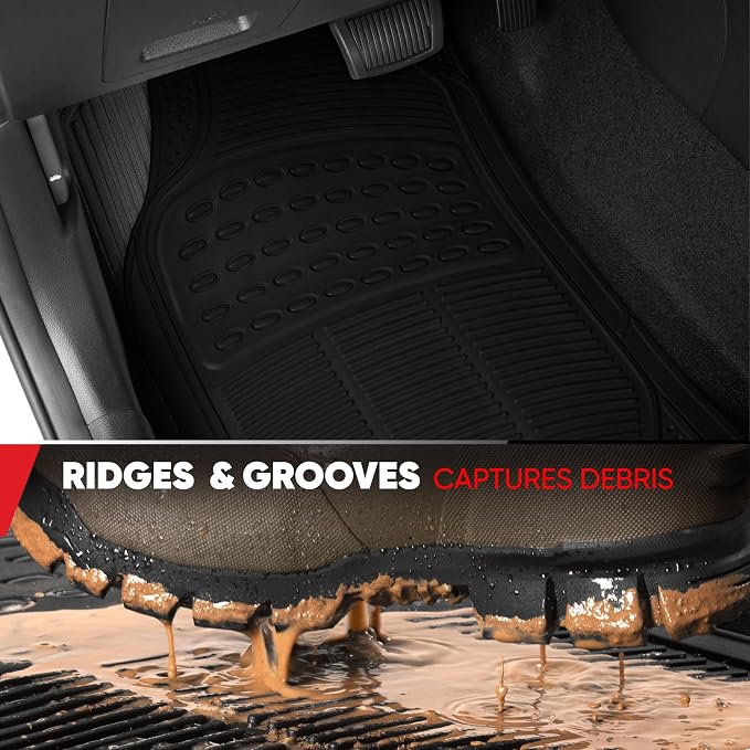 Proliner All Weather Rubber Auto Floor Mats and Trunk Cargo Liner - Front & Rear Heavy Duty Set Fit for Car SUV Van and Truck, Black, 4 Pieces (Trim to Fit)