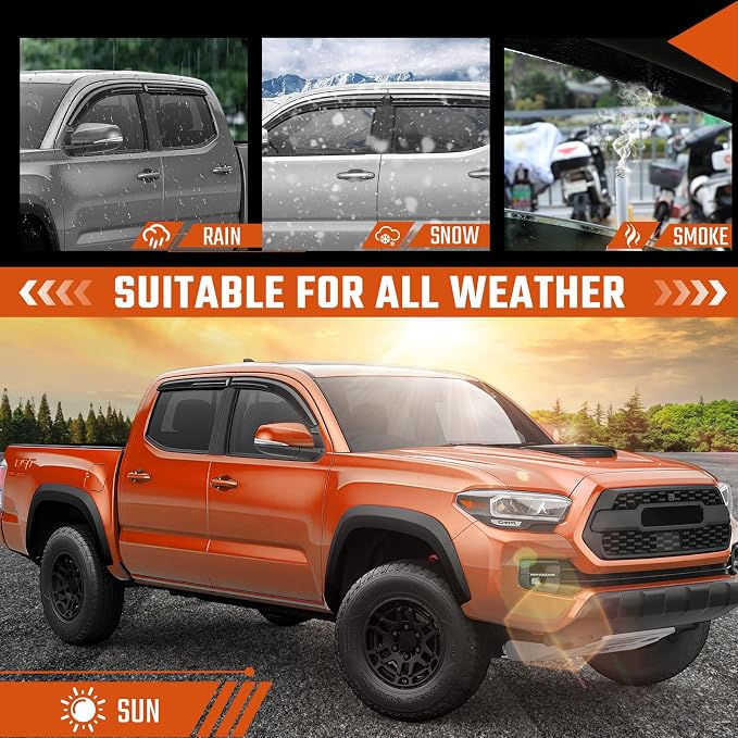Rain Guards Fit for 2016 2017 2018 2019 2020 2021 2022 2023 Toyota Tacoma Double Cab, Tape-On Side Window Deflector Durable Sun 2016-2023 Tacoma Rain Guard Black 4 PCS