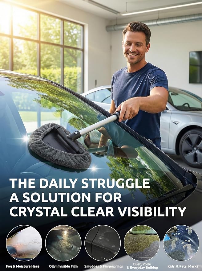 Window & Windshield Cleaner, Extendable, 3 Microfiber Pads (Grey) | Pivoting Triangle Head Wiper Cleans Interior & Exterior Glass, 3 Washable Reusable Bonnets, Lint-Free
