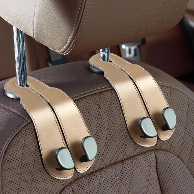CoBak Extra Wide Car Seat Back Hooks, Premium Stitched Leather Headrest Hangers with Wide Slot Structure, Universal for Any-Width Purses, Handbags, Bags (2 Pack), Gold