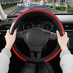Leather Steering Wheel Cover – Black & Red Universal Fit 14.5-15 Inch, Microfiber Leather, Anti-Slip & Breathable Design for Men and Women