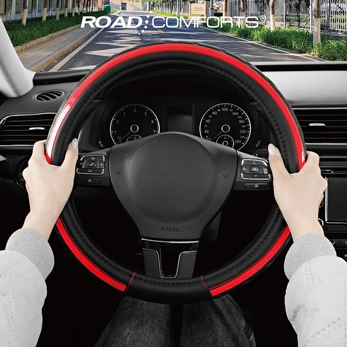 Leather Steering Wheel Cover – Black & Red Universal Fit 14.5-15 Inch, Microfiber Leather, Anti-Slip & Breathable Design for Men and Women