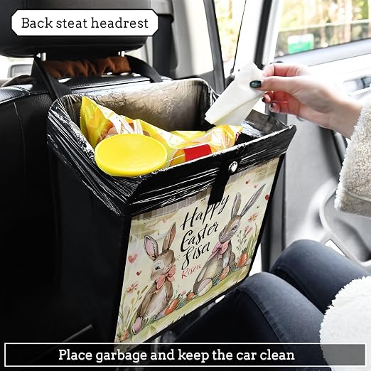 Car Trash Can Organizer Bin with Adjustable Strap for Back Front Seat Console Waterproof Leakproof Collapsible Portable 11 Inch Happy Easter Bunny Carrot
