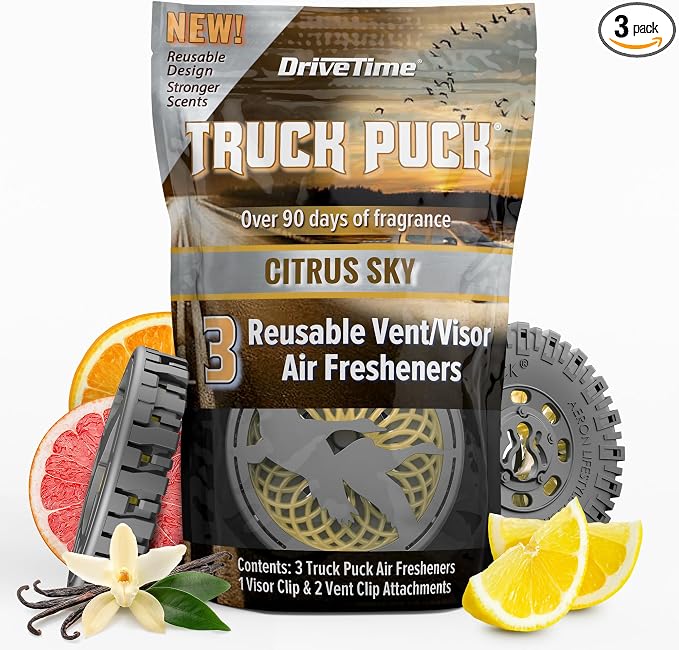 Truck Puck Citrus Sky Fragrancee Car Air Freshener – Long-Lasting Car Deodorizer, Refillable Vent & Visor Clip Auto Air Freshener for Car, Truck & SUV, Premium Fragrance, Pack of 3