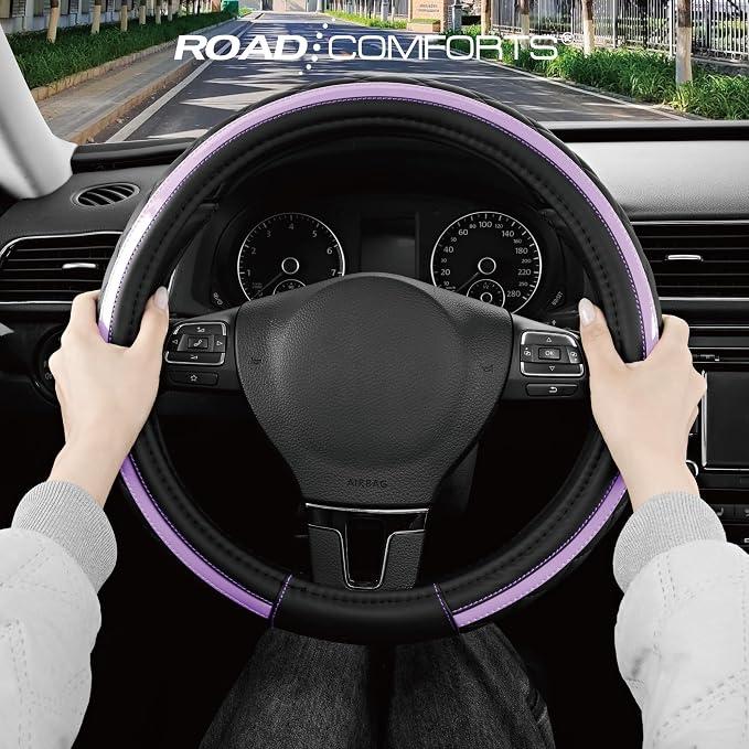 Leather Steering Wheel Cover – Black & Purple, Universal Fit 14.5-15 Inch, Microfiber Leather, Anti-Slip & Breathable Design for Men and Women