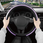 Leather Steering Wheel Cover – Black & Purple, Universal Fit 14.5-15 Inch, Microfiber Leather, Anti-Slip & Breathable Design for Men and Women