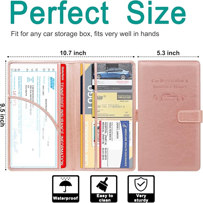 Car Registration and Insurance Holder, Leather Car Glove Box Organizer, Cool Car Accessories for ID, Driver's License Cards & Essential Document, Men&Women, Rose Gold