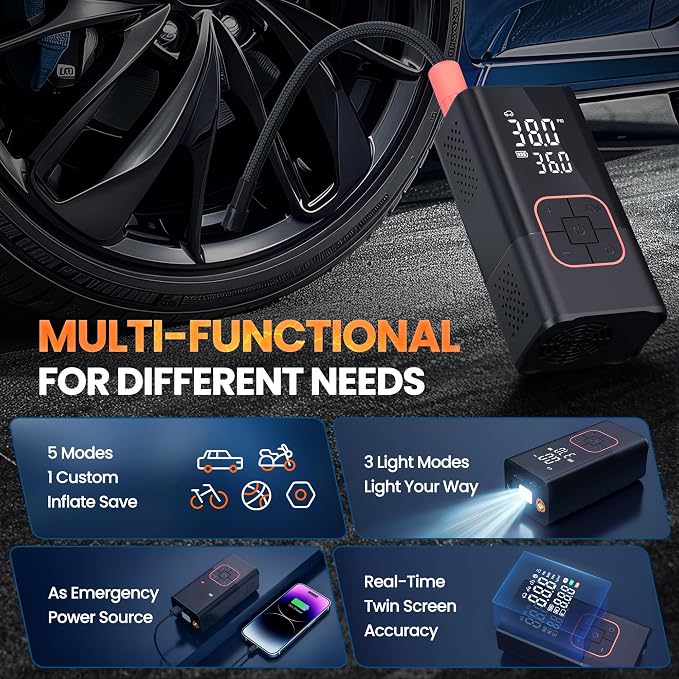 Tire Inflator Portable Air Compressor - 150PSI Air Pump for Car Tires, Portable Air Compressor with Digital Tire Pressure Gauge, Cordless Electric Bike Pump for Inflatables, Motorcycle, Ball.