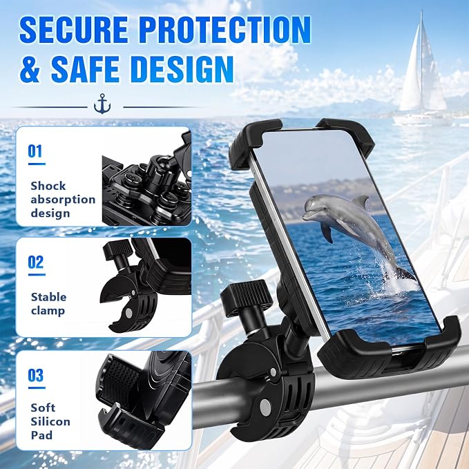 1 Pack Boat Phone Holder, Marine Cell Phone Holder No Sunshade, Black 360 Degree Adjustable Knob Crab Clamp, Smartphone Accessory for Boat Rail, Car, Cycling, Pontoon and Outdoor Use
