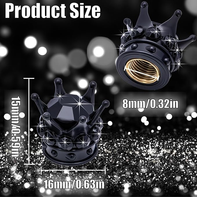 4PCS Crown Bling Tire Stem Valve Caps, Crystal Diamond Car Wheel Tire Valve Caps Universal Copper Core Stem Covers for Cars, SUV, Trucks, Bikes, Motorcycles, Bicycles (Black)
