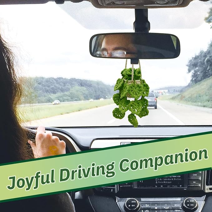 Crochet Hanging Plant for Car,Car Decorations Interior,Plant Aesthetic Car Accessories for Women Interior Cute,Car Ornaments Charms for Rear View Mirror,Boho Car Decoration Gifts
