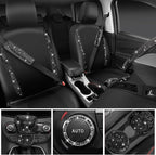 Leather Bling Seat Covers Full Sets 16 pcs, Bling Diamond Car Accessories Set for Women, Sparkly Rhinestone Steering Wheel Cover, Glitter Cute Car Interior Sets for Women Girl, Black Diamond