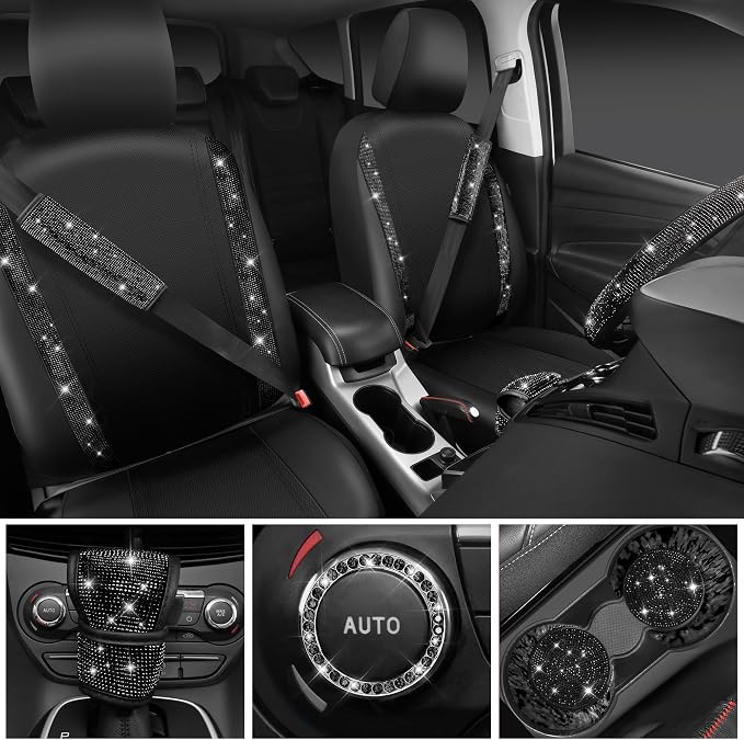 Bling Diamond Leather Car Seat Covers 11 PCS, Sparkly Rhinestone Steering Wheel Cover Glitter Cute Interior Car Accessories Sets Seat Belt Cushion Cup Holder Coaster Women Girl, Black Diamond