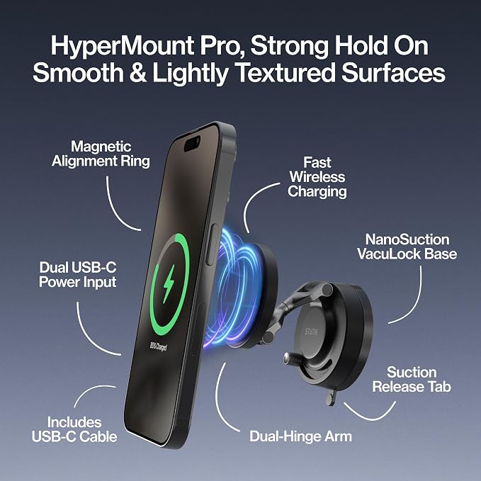 HyperMount Pro Phone Mount, Magnetic Phone Holder, 15W Wireless Charging, MagSafe Car Mount, Works on Smooth & Lightly Textured Surfaces, iPhone and Android Compatible, Charging Cable Included