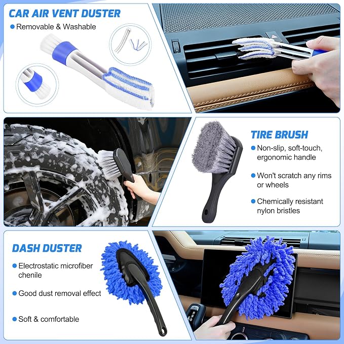 27PCS Car Detailing Kit Auto Cleaning Tools Wash Set with Storage Carry Bag Home Use for Interior Exterior Deep Clean Polish Car Care Windshield Dashboard Seat Air Vents Wheels Tires, Blue
