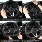 Flat Bottom Car Steering Wheel Cover for Nissan,D Shaped Steering Wheel Cover for Rogue,Altima,Kicks (Diamond Quilted-Black+Red-Standard Size)