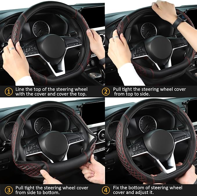 Flat Bottom Car Steering Wheel Cover for Nissan,D Shaped Steering Wheel Cover for Rogue,Altima,Kicks (Diamond Quilted-Black+Red-Standard Size)