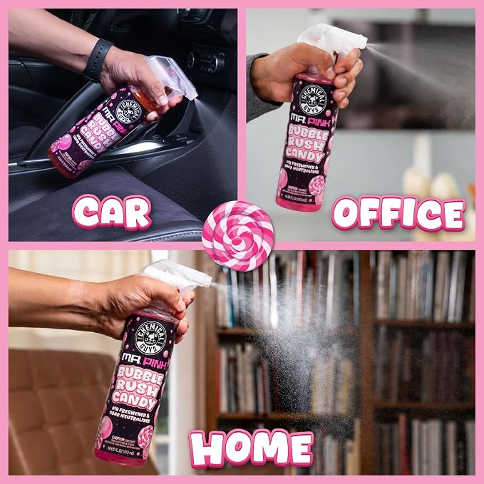 Mr. Pink Bubble Rush Candy Scent Car Air Freshener and Odor Eliminator for Cars, Trucks, and SUVs, Home, and Office - Full Size Sweet Bubble Gum Candy Scent Spray, 16 Fl Oz
