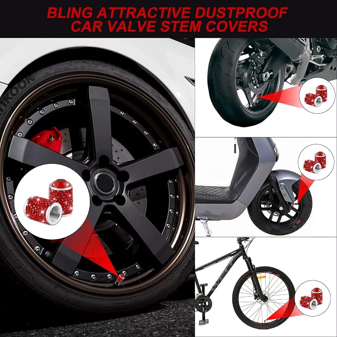 Car Wheel Tire Valve Caps, 4 PCS Bling Tire Valve Caps, Crystal Tire Caps Shinny Rhinestone for Women, Universal Car Dustproof Tire Valve Caps for Cars, Trucks, SUV and Motorcycles (Red)