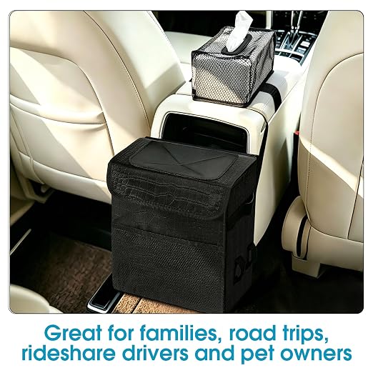 Car Trash Can with Tissue Holder, Leakproof Car Garbage Can with Detachable Car Napkin Holder, Hanging Car Trash Bin for Headrest, Console, Truck, SUV Car Accessories, Crocodile Pattern