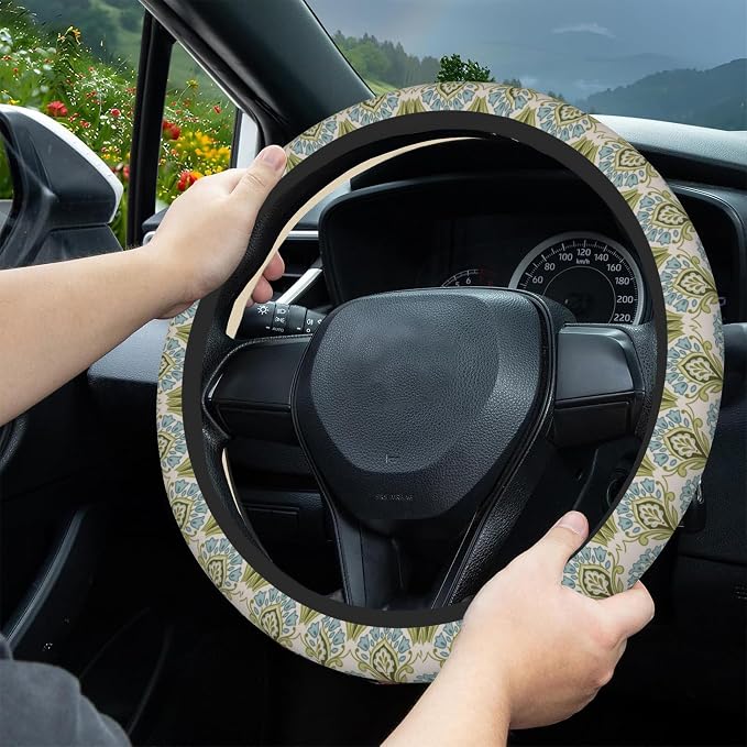 Abstract Florals Block Steering Wheel Cover, Elastic Non-Slip Steering Wheel Protector,Auto Interior Decor for Women Girls,Universal 15" Fit for Sedans,Trucks