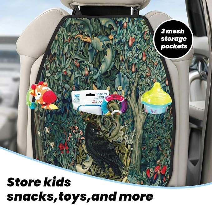 William Morris Forest Animals Raven On Acanthus Leaves Blue Green Floral Car Seat Back Kick Protectors Kick Mats With Storage Pockets For Vehicles To Protect From Dirt Mud Scratches 2 Pack