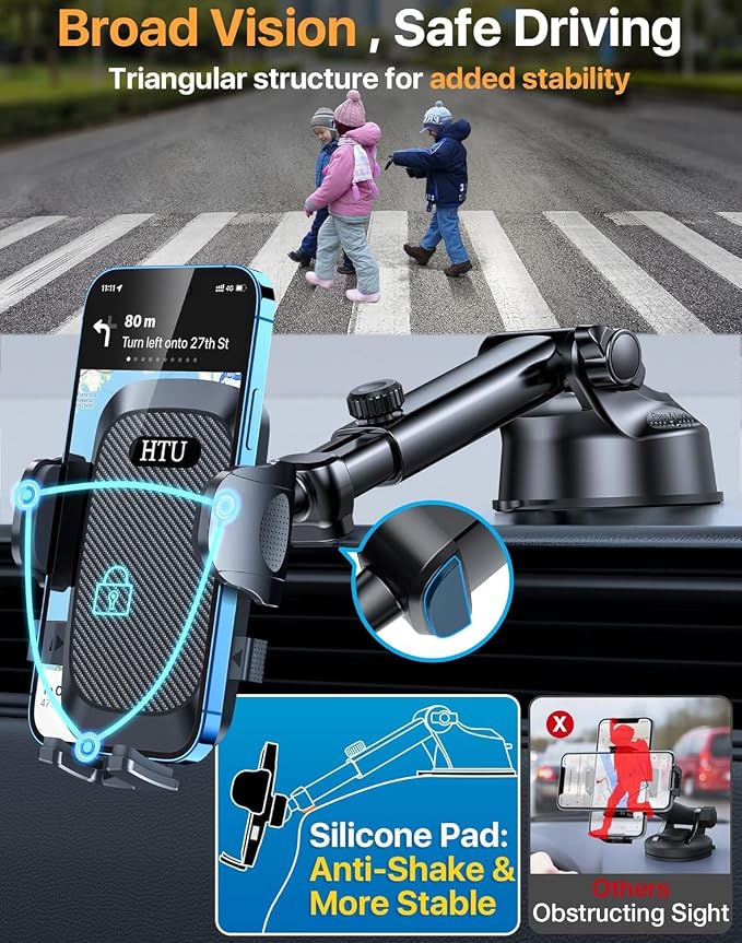HTU Car Phone Holder【2026 Upgraded 100+LBS Suction & Safety Cert】 Cell Phone Car Mount for Truck Heavy Duty Phone Holder for Dashboard/Windshield/Vent for iPhone 17 16 Pro Max, Dark Black