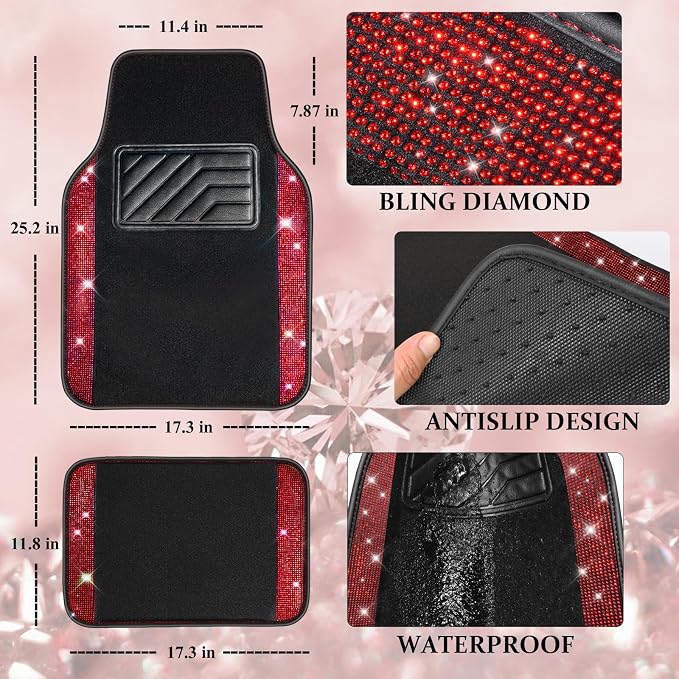 Bling Diamond Leather Steering Wheel Cover 14.5in-15in Floor Mats Shining Rhinestone Carpet Sparkly Glitter Crystal Anti-Slip Pad Fit Automotive SUV Pickup Truck Girl Women, 5pcs Black Red