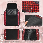 Bling Diamond Leather Steering Wheel Cover 14.5in-15in Floor Mats Shining Rhinestone Carpet Sparkly Glitter Crystal Anti-Slip Pad Fit Automotive SUV Pickup Truck Girl Women, 5pcs Black Red