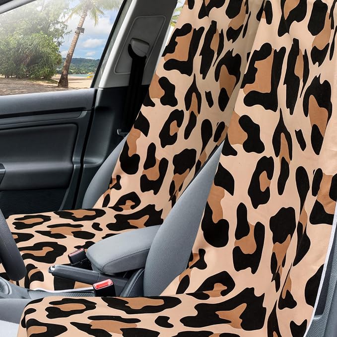 2 Pack Car Seat Towel Covers with Storage Bag, 63 x 32 Inch Universal Non Slip Waterproof Sweat Protector for Car Truck, Gym Swimming Running, Machine Washable (Yellow Black Leopard Print)
