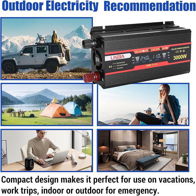 3000 Watt Power Inverter with LED Display,Dual AC Outlets,USB Port, 24V DC to 110V AC Converter Car Power Inverter for Vehicles, Car, RV, Truck, Off Grid Solar System, Outdoor Camping