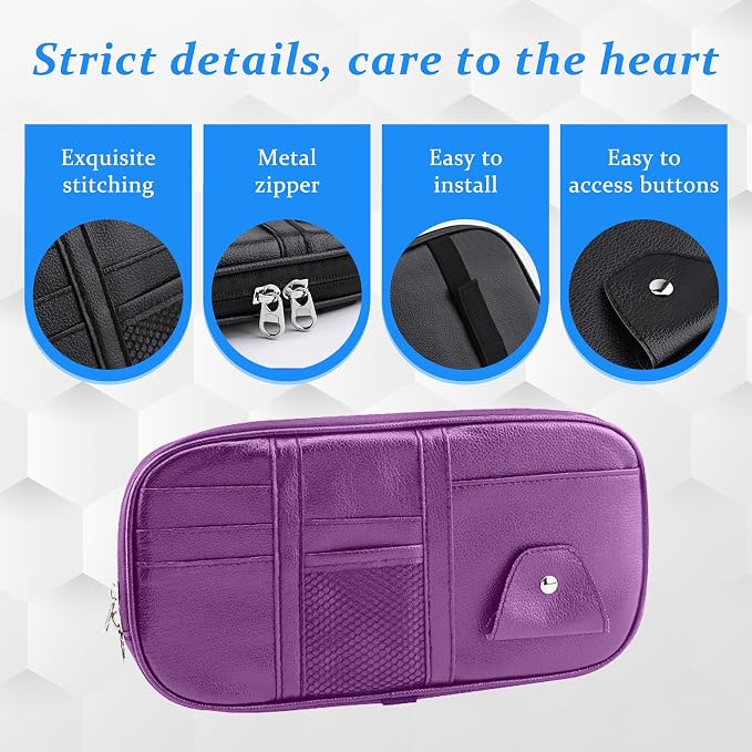 Car Sun Visor Organizer, Sunglass Holder and Storage Pocket, Card Cash Pouch with Multi-Pocket Net Zipper, Case Bag for License Pen Key, Auto Accessories for Truck, SUV, Van (Purple)