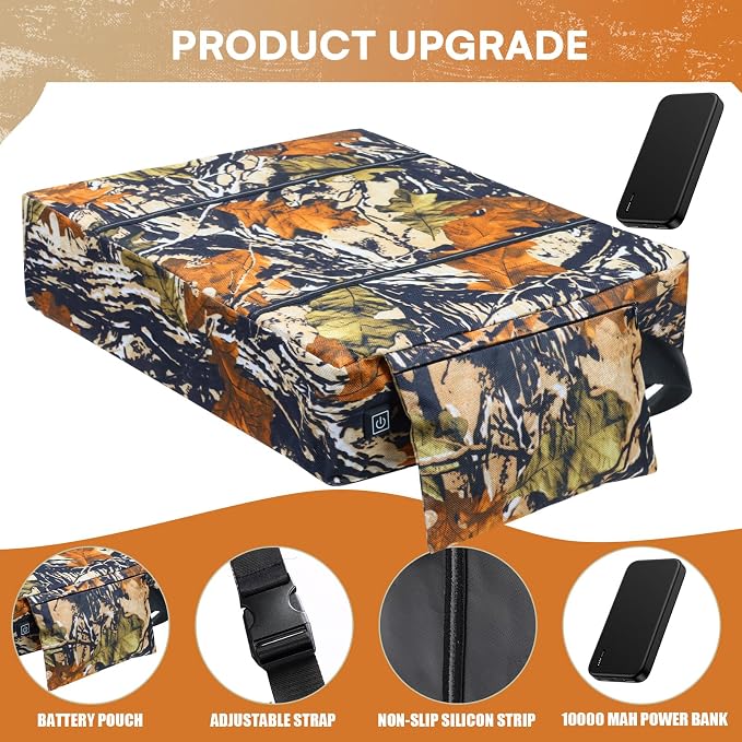 Heated Hunting Seat Cushion Pad Thermal Hunting Seat with 10000 mAh Power Bank Adjustable Temperature Hunting Hot Seat Cushion for Tree Stand,Bleacher,Sport Without Backrest