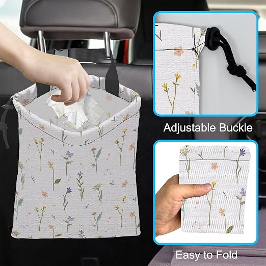Car Trash Bag Wildflowers Car Garbage Bag Hanging Car Trash Can for Back Seat with Drawstring