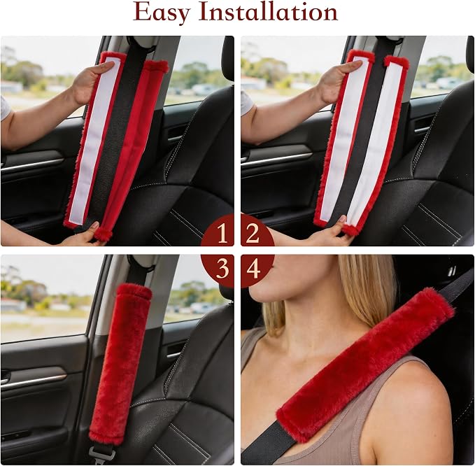 Soft Faux Fur Universal Fit Seatbelt Cover Car Truck SUV Airplane Seat Belt Shoulder Pad for Carmera Backpack Straps Neck Cushion Protector 2 Pack 10.5in Red