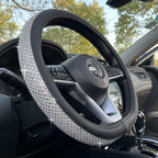 D Shaped Bling Comfy Steering Wheel Cover with Jumbo Crystal Rhinestones, Anti-Slip Diamond Leather, Flat Bottom 14.5-15 Inch (Silver)