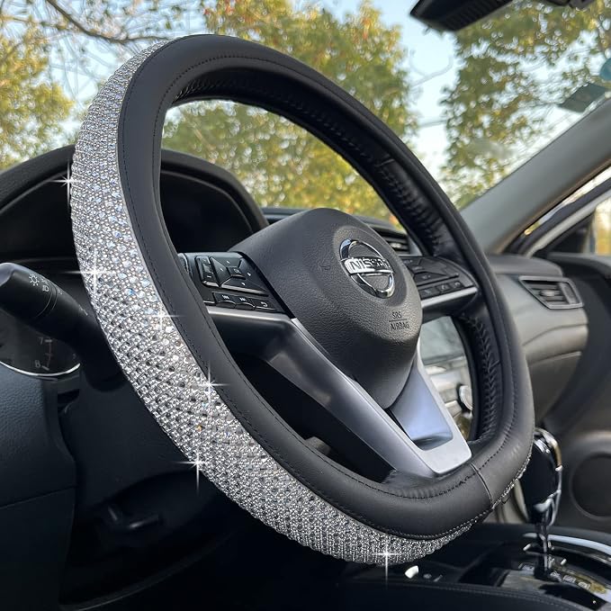 D Shaped Bling Comfy Steering Wheel Cover with Jumbo Crystal Rhinestones, Anti-Slip Diamond Leather, Flat Bottom 14.5-15 Inch (Silver)